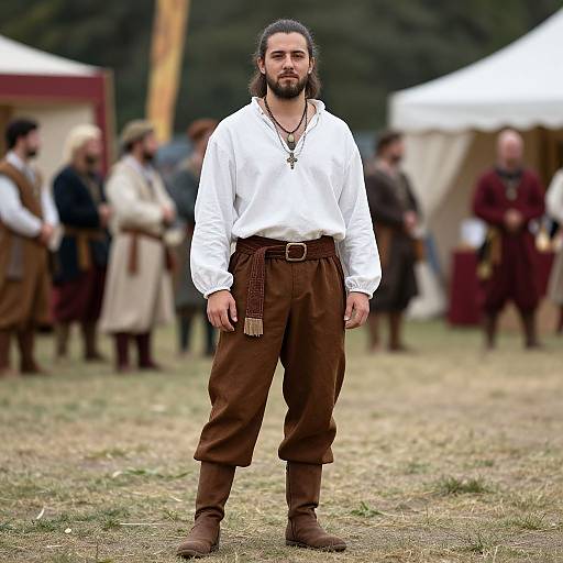 Photograph of a bearded man with long dark hair, wearing a white shirt, brown trousers, and boots, standing in a medieval reenact