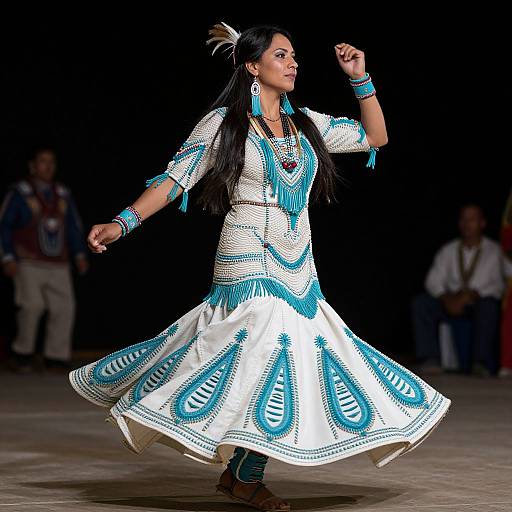 Photograph of a South Asian woman in traditional turquoise and white embroidered dance attire, mid-dance on a dimly lit runway.