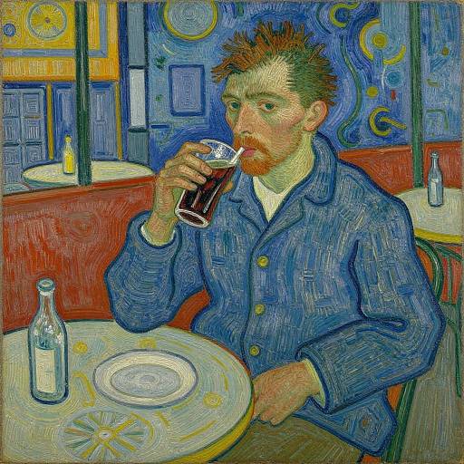 Vincent van Gogh painting: Bearded man with spiky hair, blue jacket, sipping dark drink in vibrant, swirling café setting.