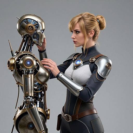 Blonde woman in futuristic armor repairs a metallic, steampunk-style robot head. She wears a black outfit with silver accents, set against a plain
