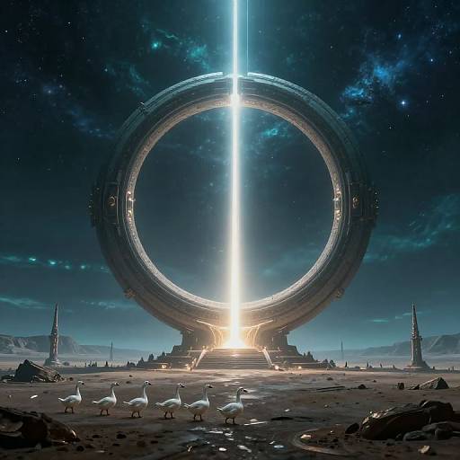 Digital art of a futuristic, circular space structure with a bright central beam, surrounded by geese, towers, and mountains under a starry sky.