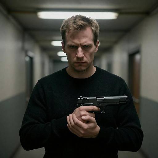 Serious Man Holding Gun in Industrial Hallway