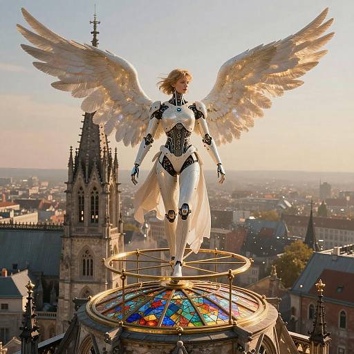 Cybernetic Angel in Gothic Cathedral Scene