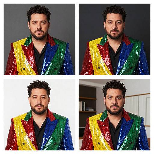 Vibrant Sequined Suit Photoshoot Collage