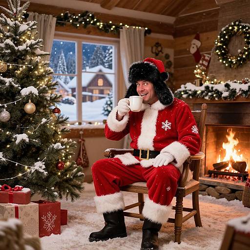 Photograph of a smiling Santa Claus in a fur hat, red suit, and white trim, sipping hot cocoa by a roaring fireplace, beside a