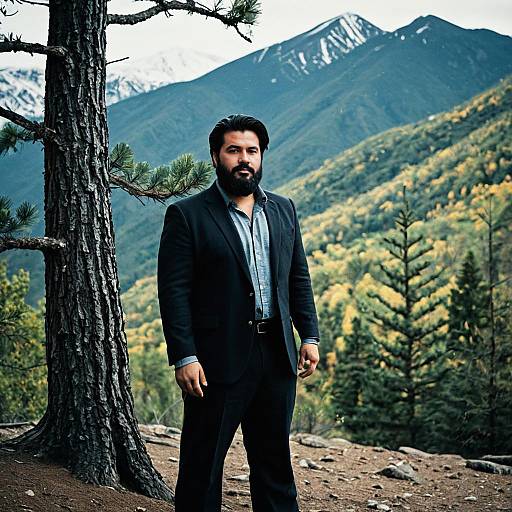 Bearded Man in Suit Standing by Tree in Mountain Landscape