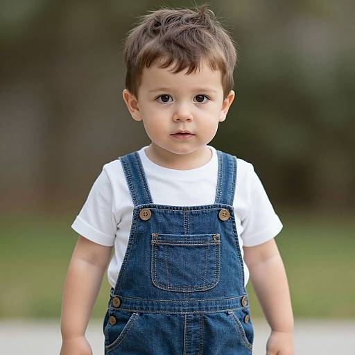 Photograph of a curious, fair-skinned toddler with brown hair, wearing a white shirt and blue denim overalls, standing outdoors against a blurred green
