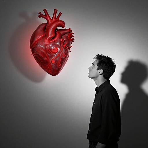 Photograph of a man in black shirt, gazing at glowing red, illuminated heart sculpture against dark, shadowy background.
