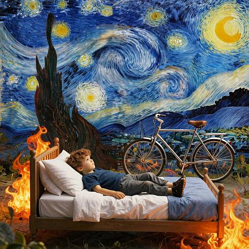 Photograph-style digital artwork of a young man lying in a burning bed, under Vincent van Gogh's 