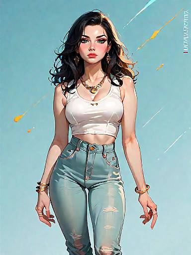 Stylish Woman in Casual Sleeveless Top and Slim-Fit Jeans