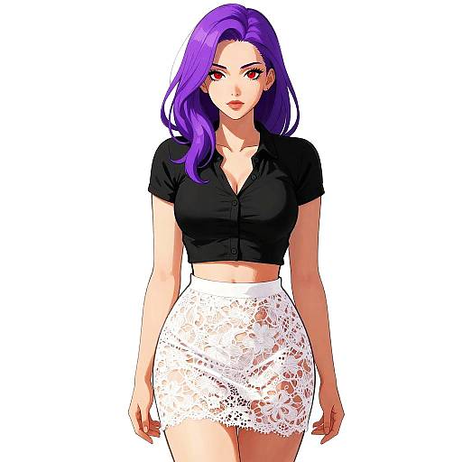 Digital anime-style drawing of a purple-haired woman with red eyes, wearing a black crop top and white lace mini skirt.