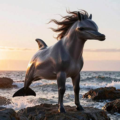 Dolphin-Horse Chimera on Rocky Coast at Sunset