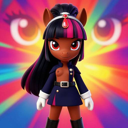 Digital artwork of a chibi-style, dark brown pony with pink-streaked black hair, red eyes, topless, wearing a black coat,