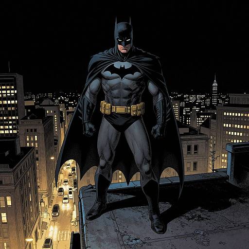 Digital comic-style image of Batman standing on a rooftop, cityscape at night with glowing lights in the background. Dark, muscular, with iconic cape and