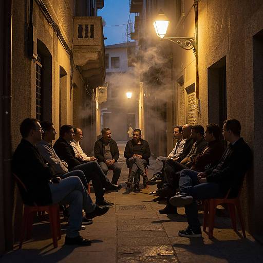 Photograph of ten men seated in a narrow, dimly lit alley at dusk, surrounded by warm streetlights and swirling smoke.