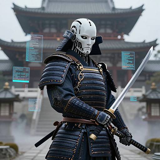 Digital art of a samurai in black armor with a white mask holding a sword, standing in front of a traditional Japanese temple with floating blue text.