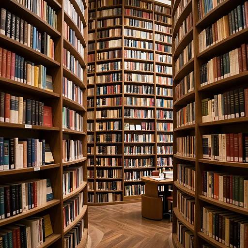 Photograph of a curved, wooden bookshelf library with rows of colorful books, a single chair in the center, and warm lighting.
