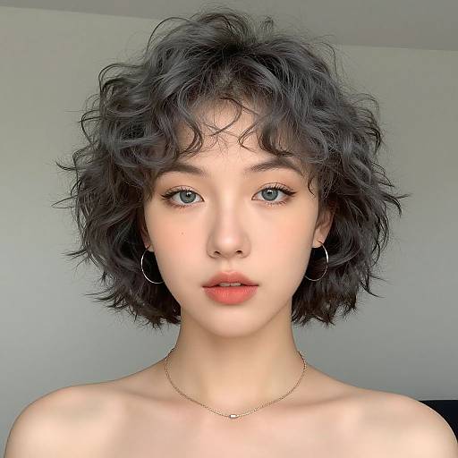 Photograph of a young woman with pale skin, short curly black hair, blue eyes, red lips, wearing hoop earrings and a thin gold chain necklace