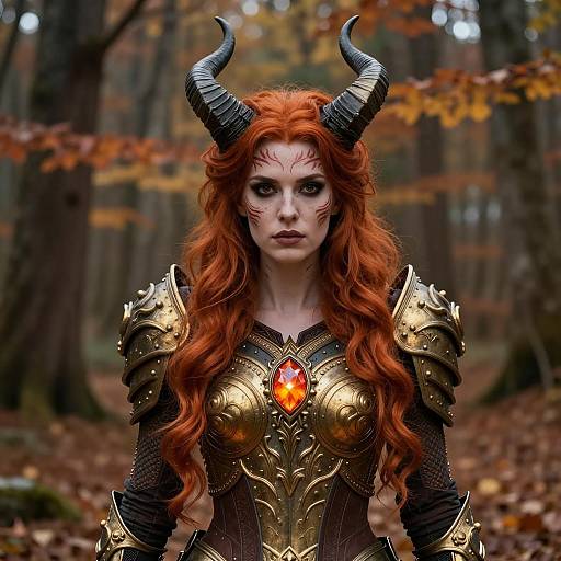 Red-Haired Mythical Warrior Woman in Golden Armor