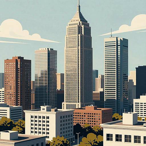 Digital illustration of a city skyline featuring tall skyscrapers, including a central, sunlit, pointed-roof building, under a bright blue sky with