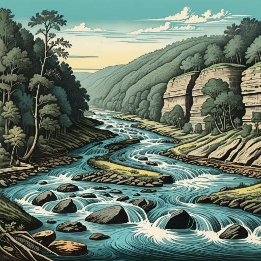 Detailed River System Etching in Audubon Style