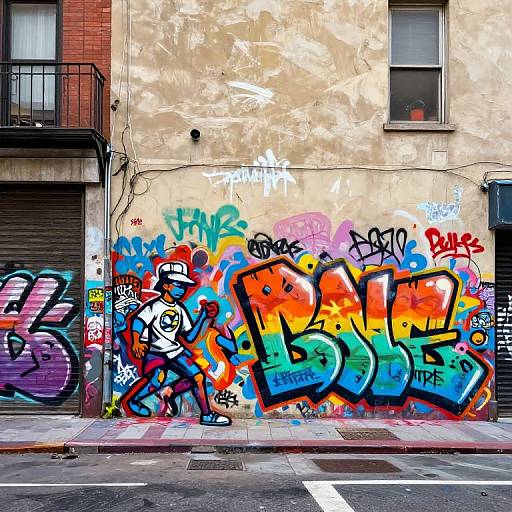 Vibrant street graffiti on a beige, weathered building wall featuring colorful tags, bold letters, and abstract designs, with a narrow sidewalk and urban