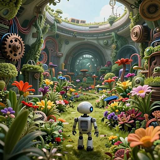 Whimsical digital artwork of a robot in a vibrant, steampunk garden with colorful flowers, gears, and lush greenery under a circular dome