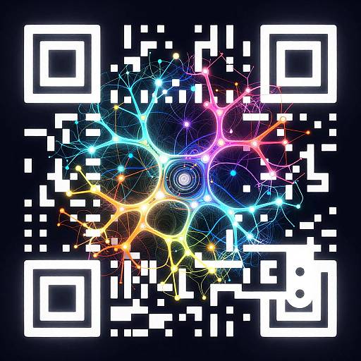 Digital artwork featuring a colorful, glowing, neon network of light lines and pixels on a black background, with white, pixelated squares.