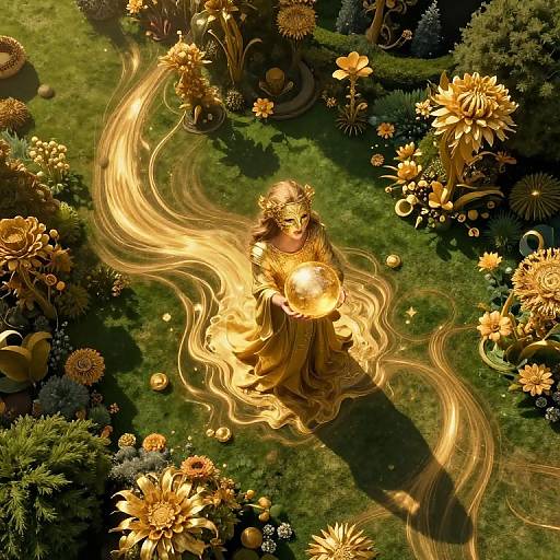 Digital art: Golden-haired woman in glowing dress holding radiant orb, surrounded by swirling golden light and ornate flowers in lush green garden.