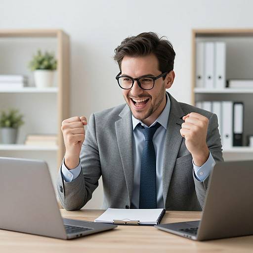 Photograph of a smiling, dark-haired man in a gray suit, blue tie, and black glasses, clenching fists at a desk with two