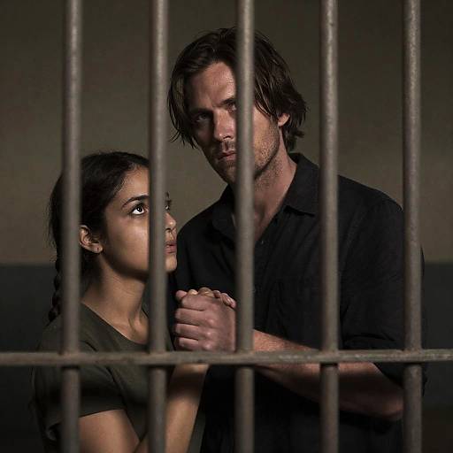 Man and Woman Behind Prison Bars Holding Hands