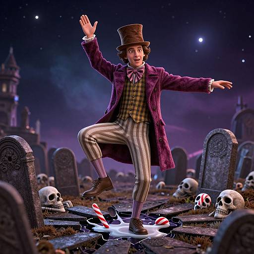 Digital artwork: A top-hatted, purple-coated magician balances on one leg in a graveyard, surrounded by skulls, candy canes, and tomb