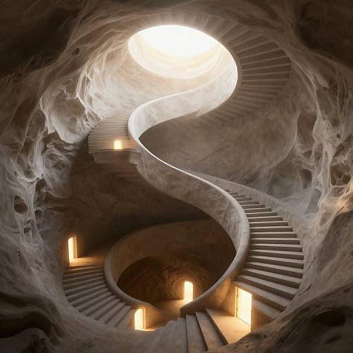 Photograph of a winding, spiral stone staircase in a cavern, illuminated by soft, warm light from torches, creating a dramatic, ethereal atmosphere