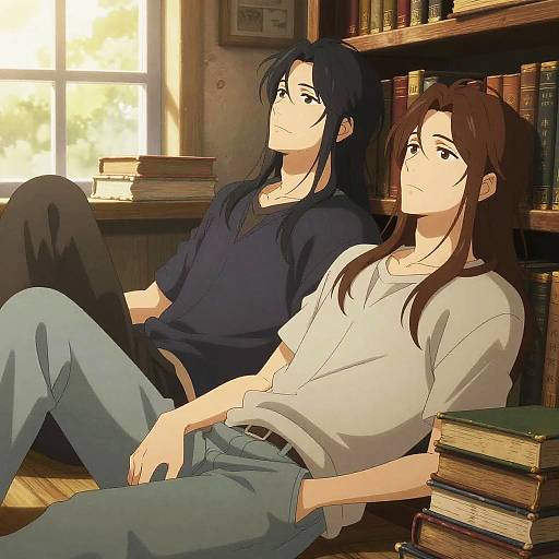 Anime-style drawing of two young adults, one with black hair in a blue shirt, the other with brown hair in a white shirt, sitting on a