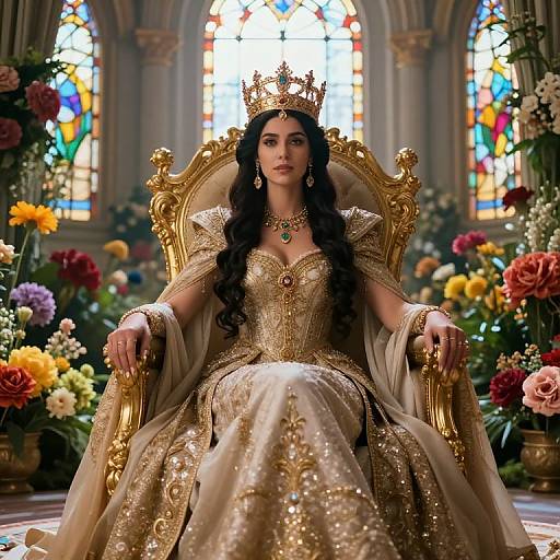 Regal woman with long black hair, gold crown, and intricate gown, sits on an ornate throne surrounded by colorful flowers and stained glass windows.