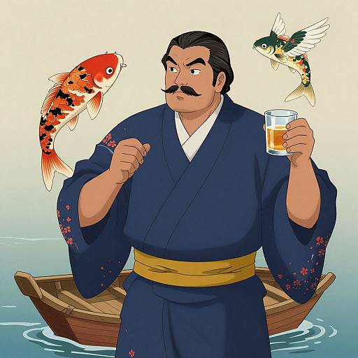 Cartoon of a mustached man in a blue kimono with red flowers, holding a glass of sake, standing in a boat, with two colorful