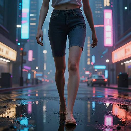 Photograph of a woman in denim shorts and white crop top, walking in a neon-lit, rainy city street at night.