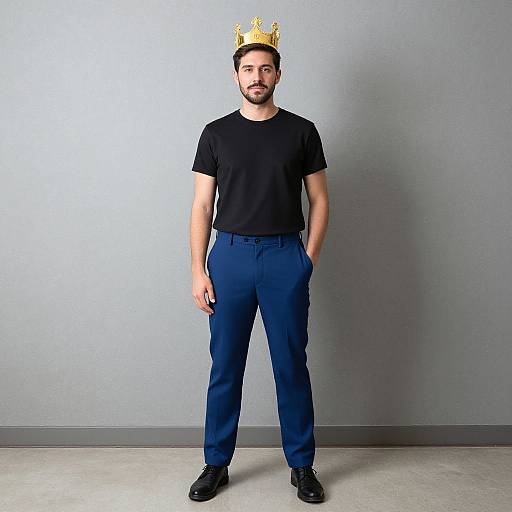 Photograph of a bearded man with a black t-shirt, blue pants, and black shoes, wearing a gold crown, standing against a plain gray