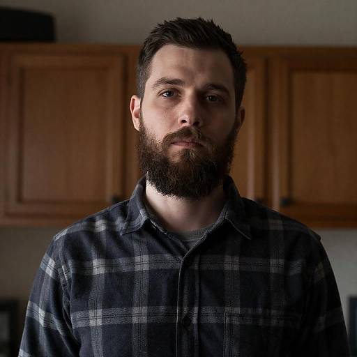 Bearded Man with Serious Expression in Plaid Shirt