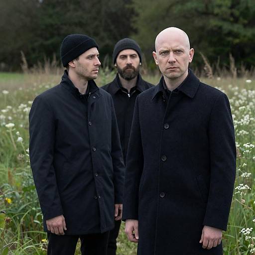 Three Men in Dark Coats Amidst Nature