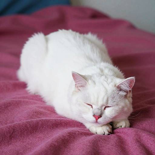 Relaxed White Cat on Magenta Blanket