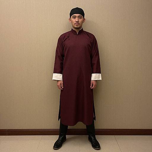 Photograph of a young man with light skin, dark hair, wearing a black cap, maroon long tunic with white cuffs, black pants,