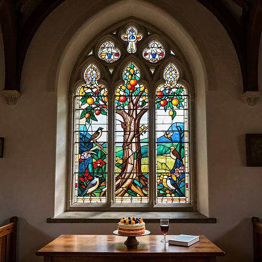 Photograph of a vibrant stained glass window depicting a tree with birds, flanked by colorful designs, above a wooden table with a cake and glass of