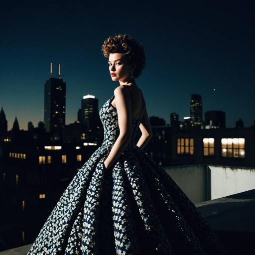 Woman in Elegant Evening Gown on Urban Rooftop