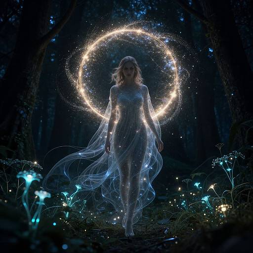 Photograph-style digital art: ethereal woman in translucent dress walks through dark forest, illuminated by glowing circular halo and bioluminescent flowers.