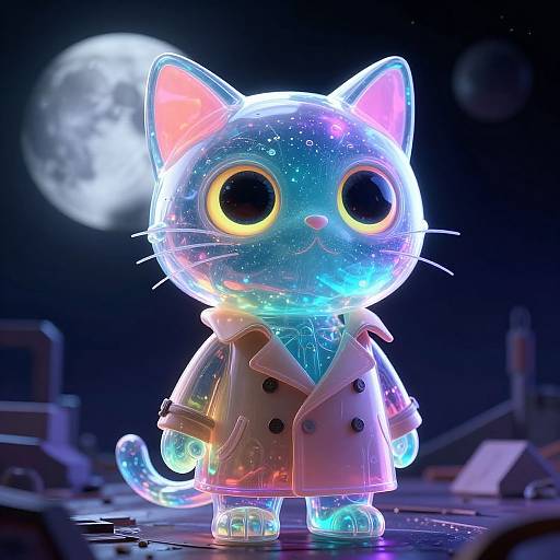 Glowing, neon-blue, cartoon cat with large yellow eyes, wearing a white trench coat, stands under a full moon in a dark, futuristic