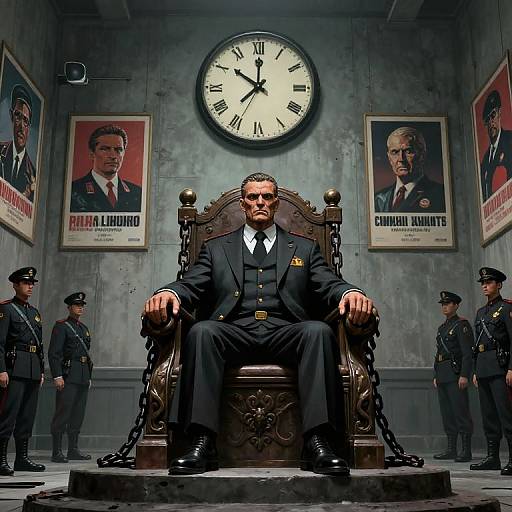 Photorealistic digital artwork of a stern, sunglasses-wearing man in a black suit, seated on a chained, ornate throne, flanked by