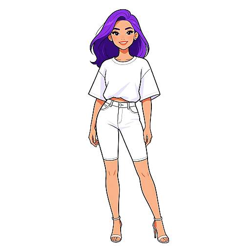 Digital illustration of a confident woman with vibrant purple hair, wearing a white crop top and high-waisted shorts, standing against a white background. She
