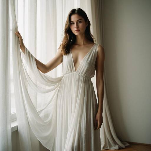 Young Woman in Elegant White Dress by Window
