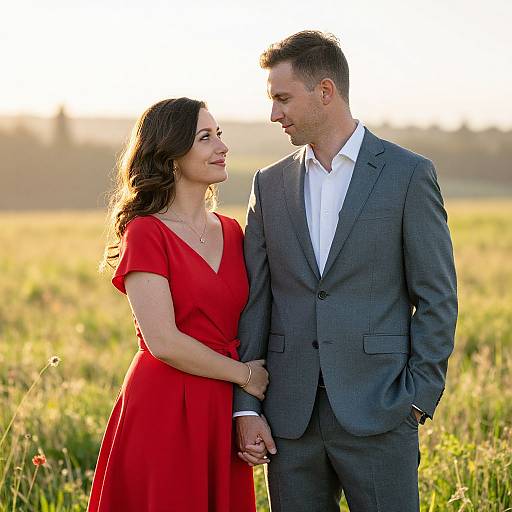 Photograph of a couple standing in a sunlit grassy field; woman in red dress, man in gray suit, holding hands, smiling, looking